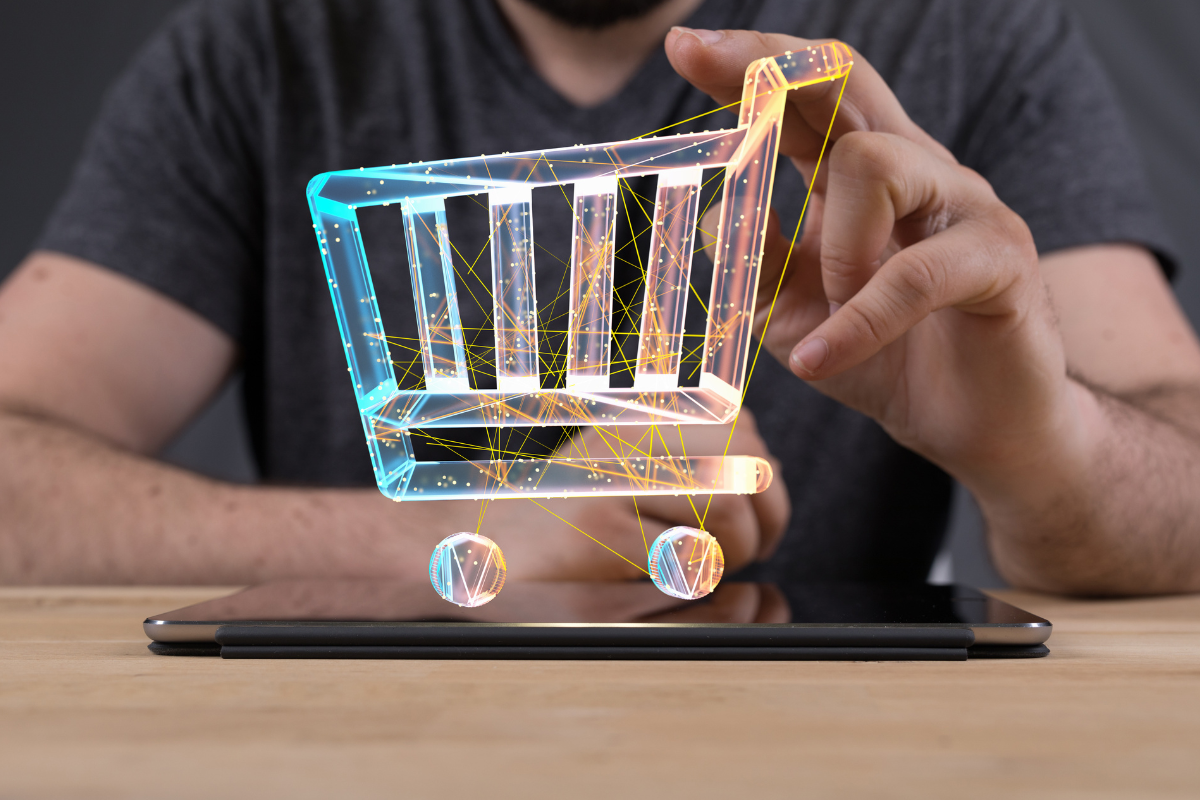 man shopping on his smartphone in 3D